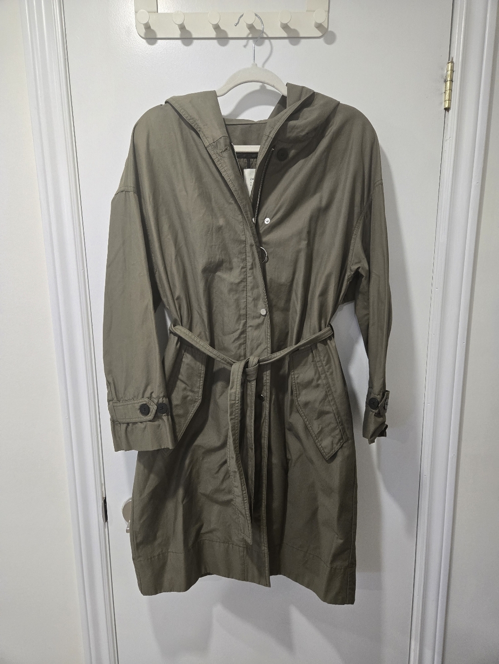 Zara Olive Green Hooded Belted Trench Coat